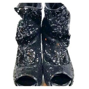 black sequin peep toe booties